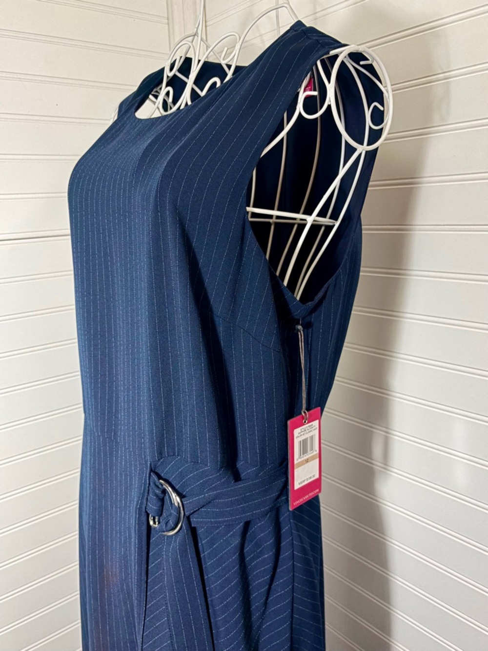 Vince Camuto Navy Pinstripe Sleeveless Belted Maxi Dress